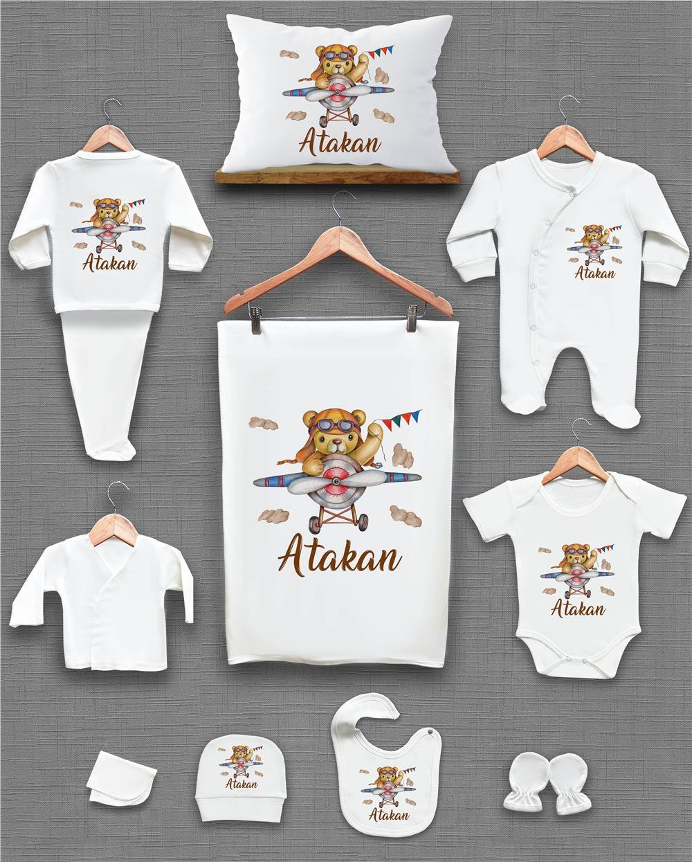 Uçak ve Ayı Desenli 11'li İsimli Organik Hastane Çıkış Seti