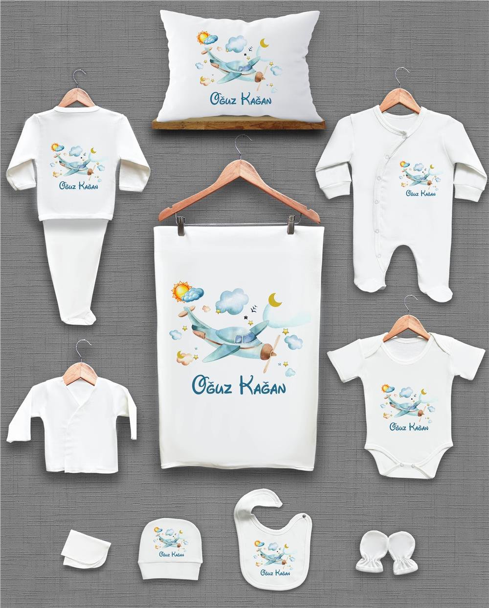 Uçak ve Balon Desenli 11'li İsimli Organik Hastane Çıkış Seti