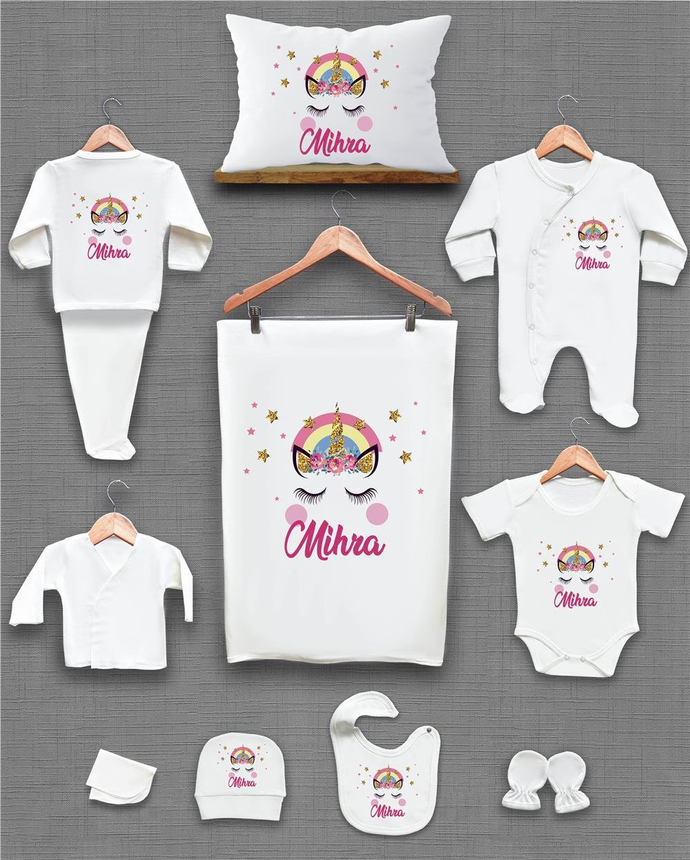 Uniqon ve Gökkuşağı Desenli 11'li İsimli Organik Hastane Çıkış Seti