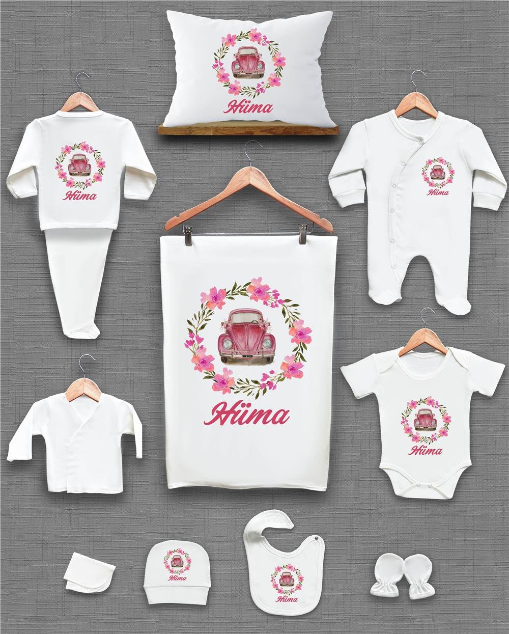 Vosvos ve Çiçek Desenli 11'li İsimli Organik Hastane Çıkış Seti