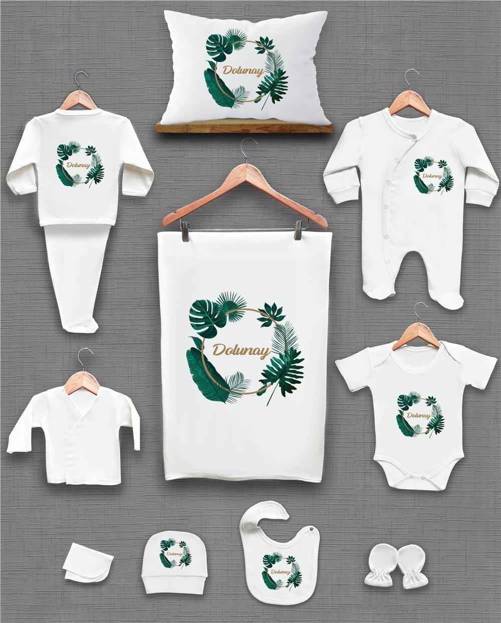 Yeşil Çiçek Desenli 11'li İsimli Organik Hastane Çıkış Seti