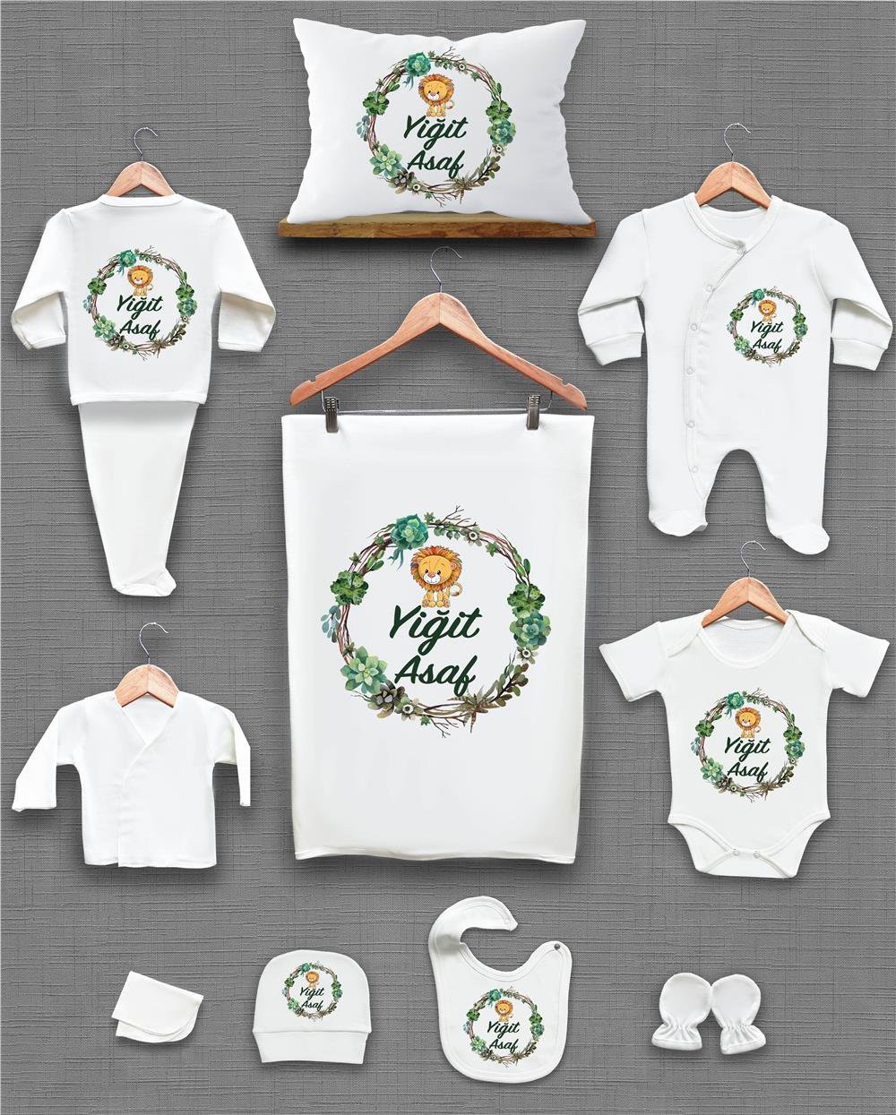 Yeşil Yapraklı Aslan Desenli 11'li İsimli Organik Hastane Çıkış Seti