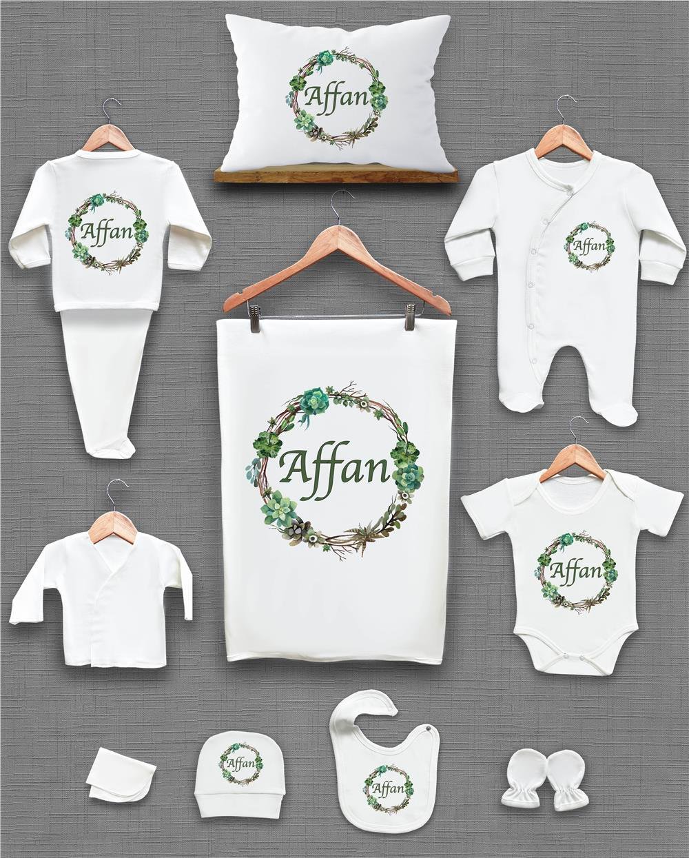 Yeşil Yapraklı Çelenk Desenli 11'li İsimli Organik Hastane Çıkış Seti