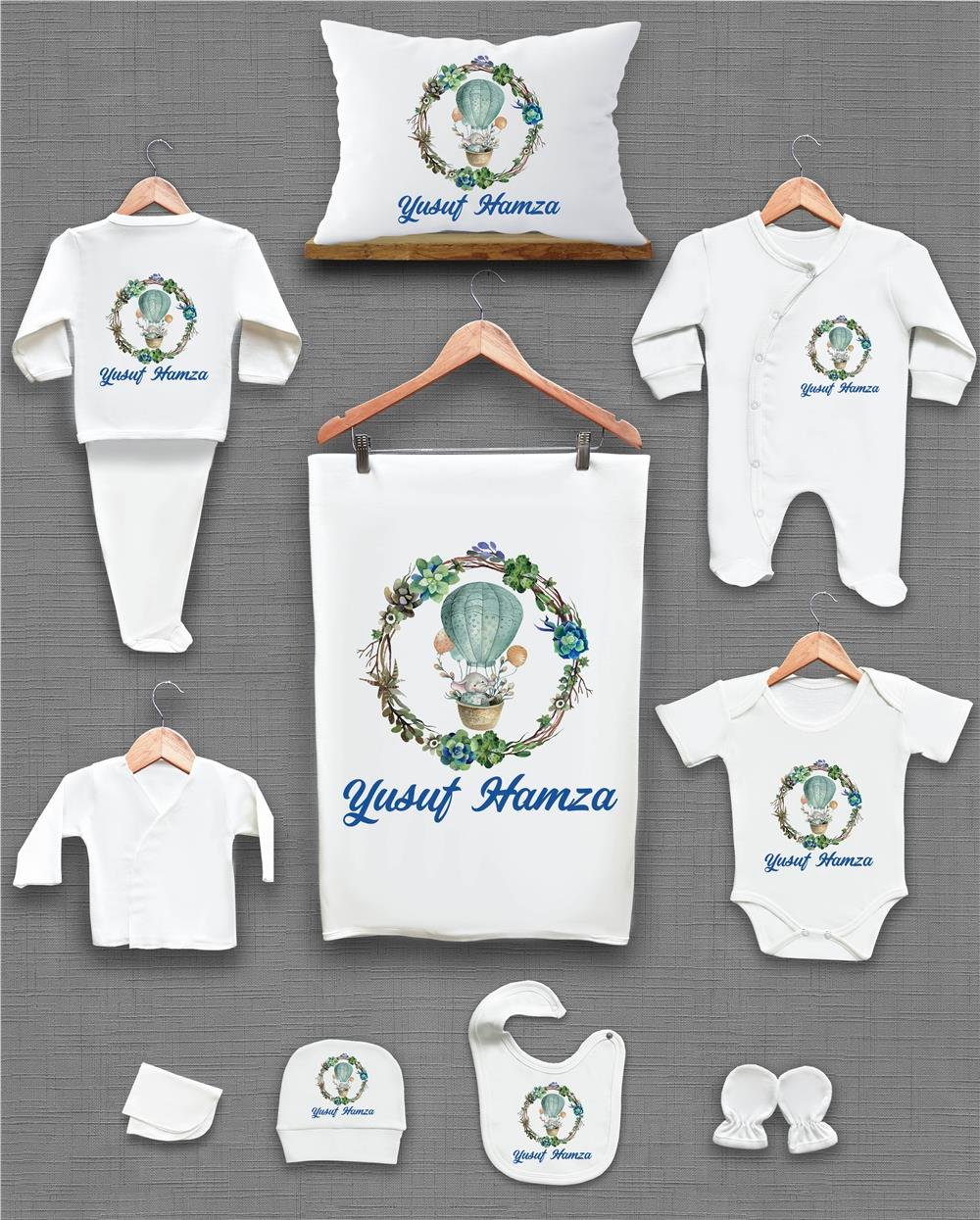 Yeşil Yapraklı Fil ve Balon Desenli 11'li İsimli Organik Hastane Çıkış Seti