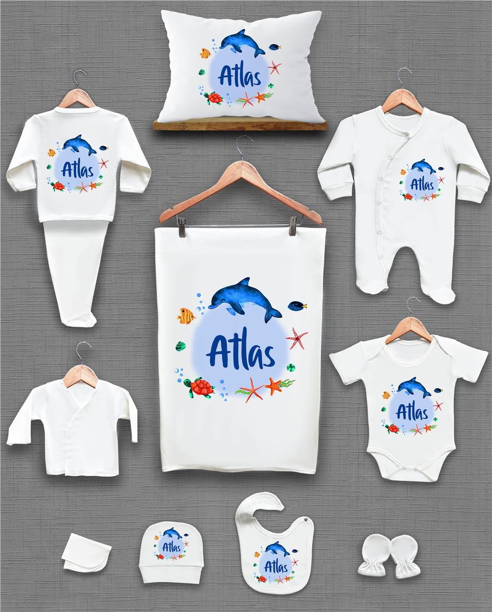 Yunus Balığı Temalı Deniz Desenli 11'li İsimli Organik Hastane Çıkış Seti