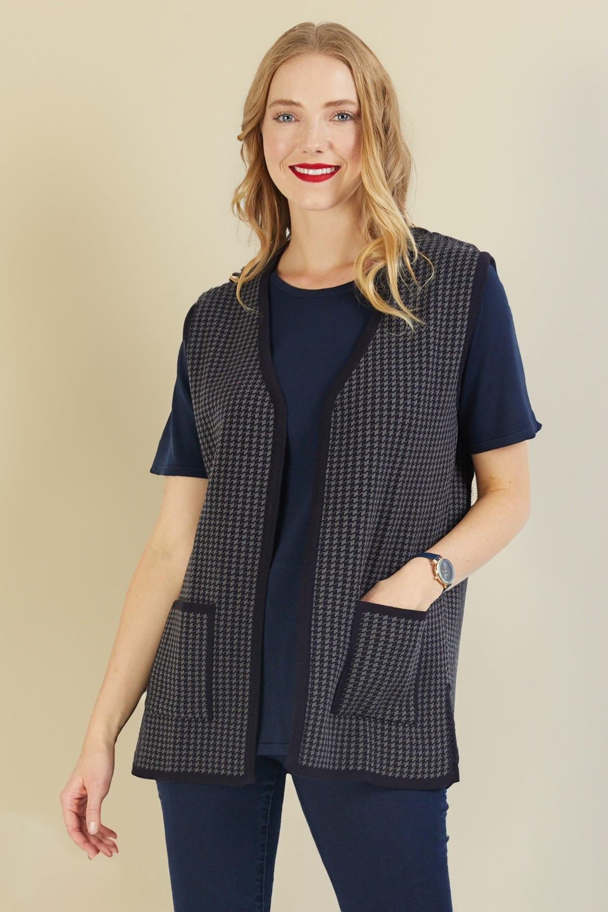 Women's Navy Blue Houndstooth Knitwear VestVest