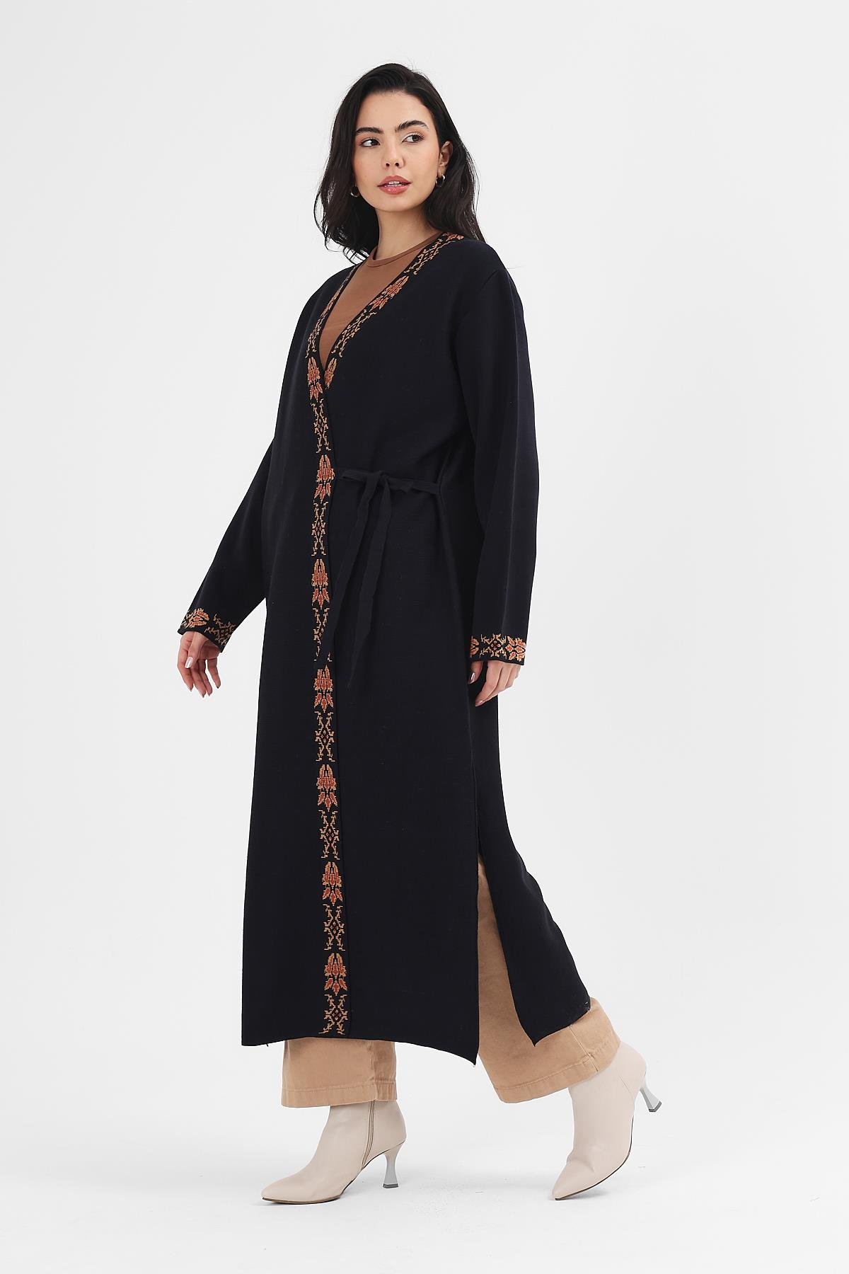 Kadın Lacivert Etnik Desenli Kimono Poncho