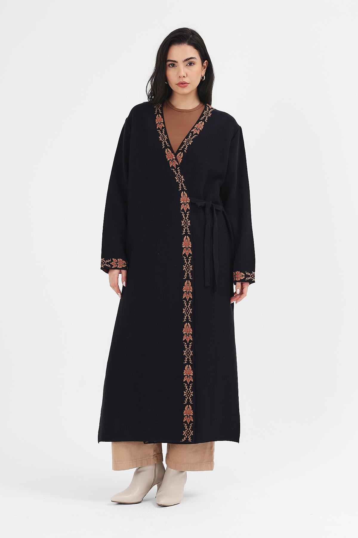 Kadın Lacivert Etnik Desenli Kimono Poncho