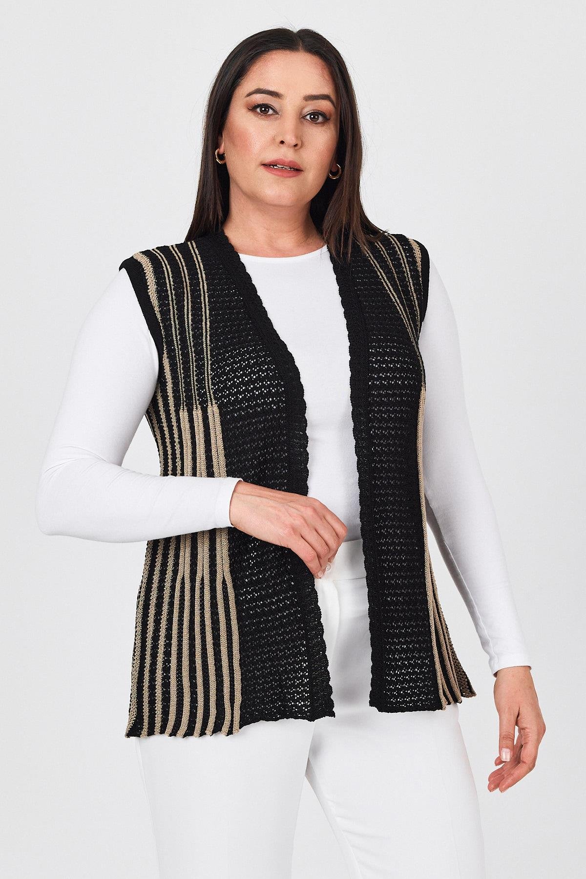 Kadın Siyah Çift Renk Ajurlu İşlemeli Mevsimlik Triko Anne Yazlık YelekVest