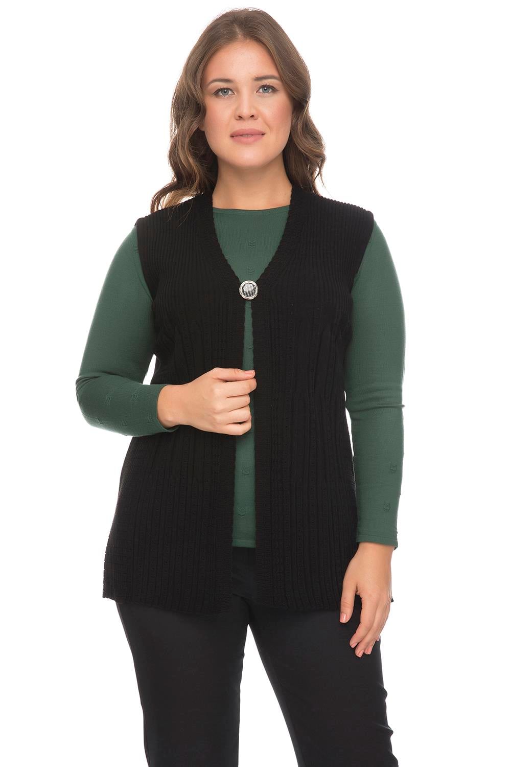 Kadın Siyah Kenarları İşlemeli Ajurlu YelekVest