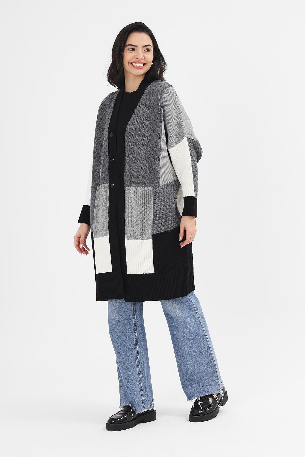 Kadın Siyah Patchwork Desen Uzun HırkaCardigan