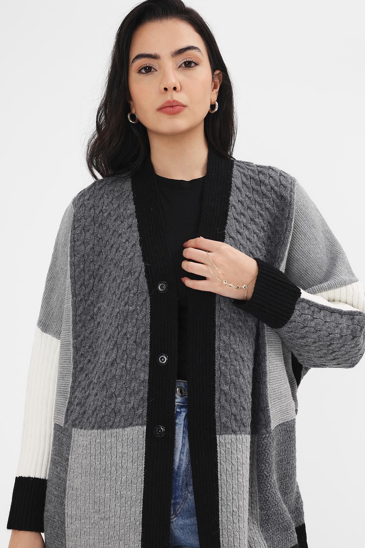 Kadın Siyah Patchwork Desen Uzun HırkaCardigan
