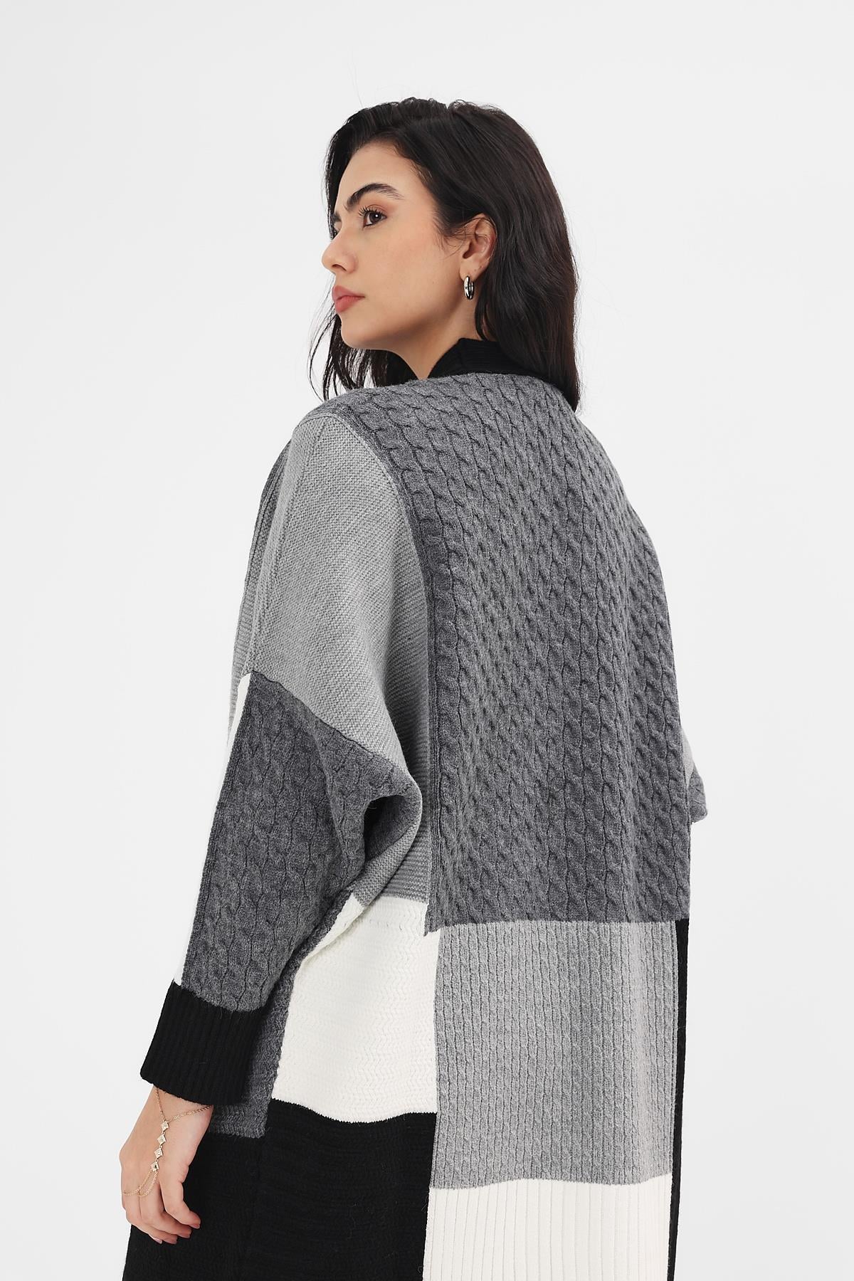 Kadın Siyah Patchwork Desen Uzun HırkaCardigan