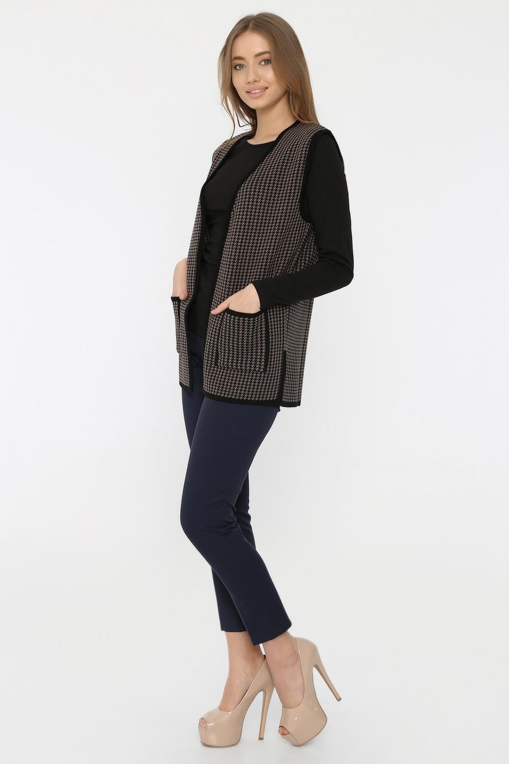 Kadın Siyah-Vizon Kazayağı Triko Anne YelekYELEK