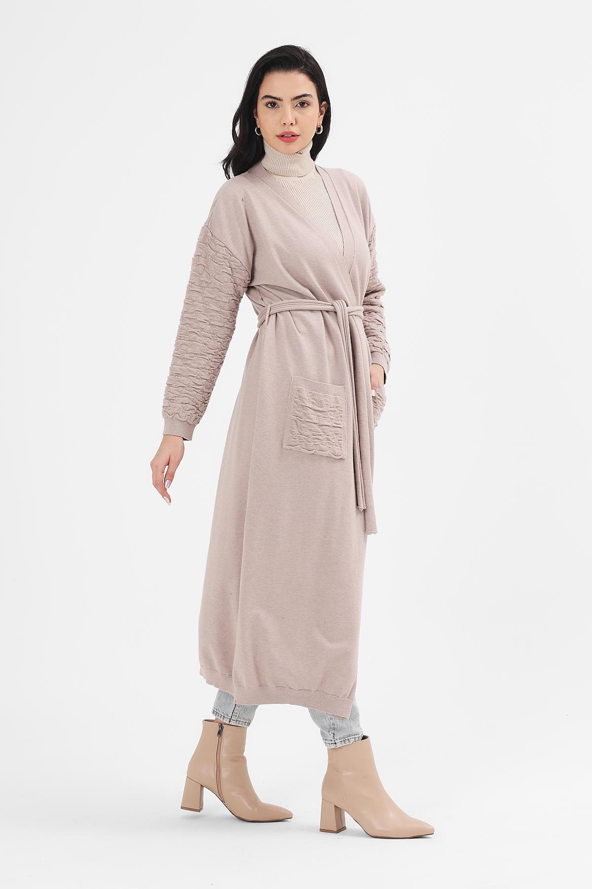 Kadın Sütlü Kahve Kabartmalı Kimono PANÇO