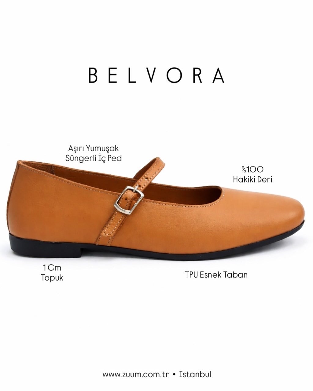 ZUUMBABET & LOAFERBelvora % 100 Hakiki Deri Kadın Babet - Taba Deri