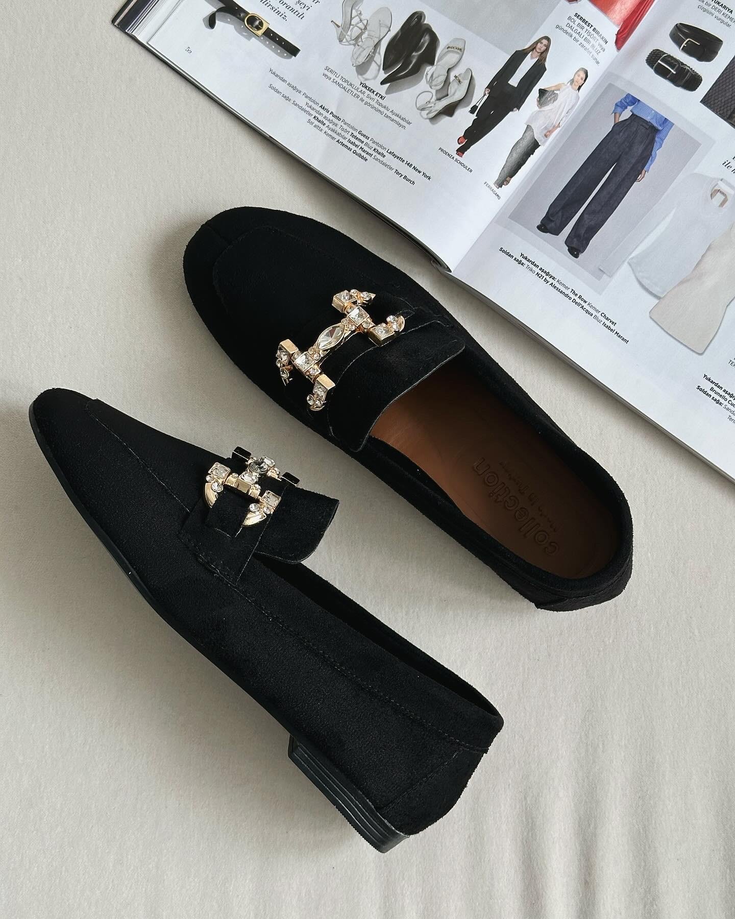 ZUUMMakosen & OxfordBeypa Taş Tokalı Kadın Loafer  - Siyah Süet