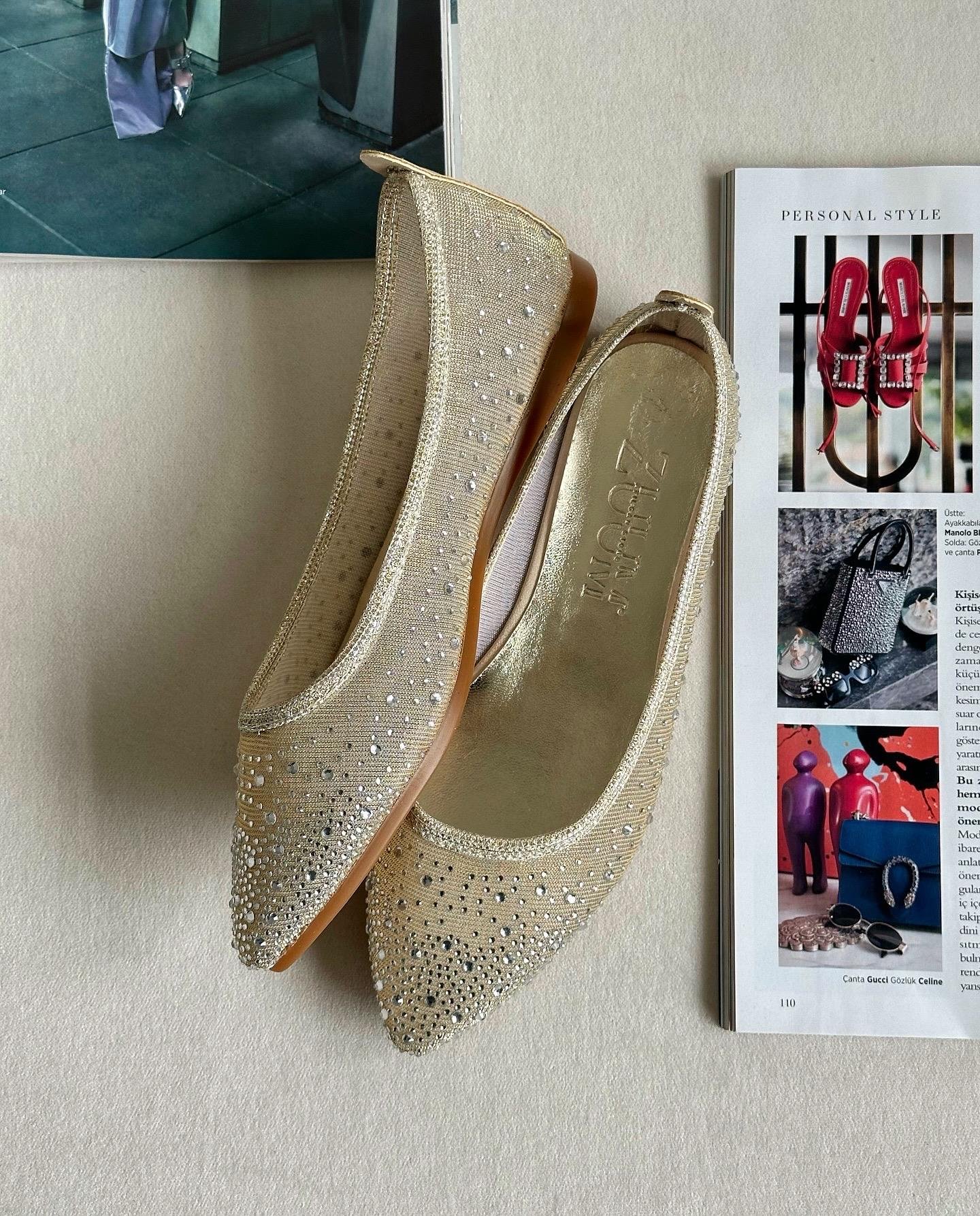 ZUUMBABET & ESPADRİLBuron Tül ve Taş Detaylı Kadın Babet - Altın