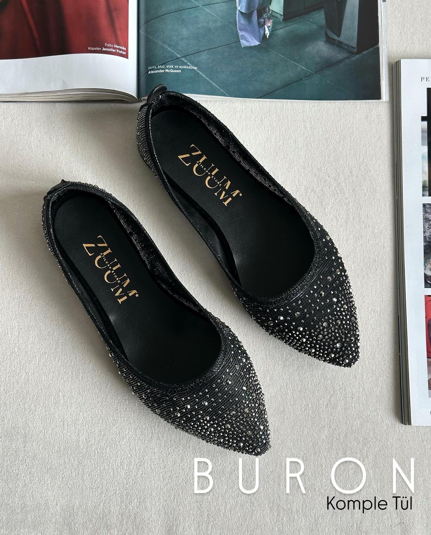 ZUUMBABET & ESPADRİLBuron Tül ve Taş Detaylı Kadın Babet - Siyah & Gümüş Taş