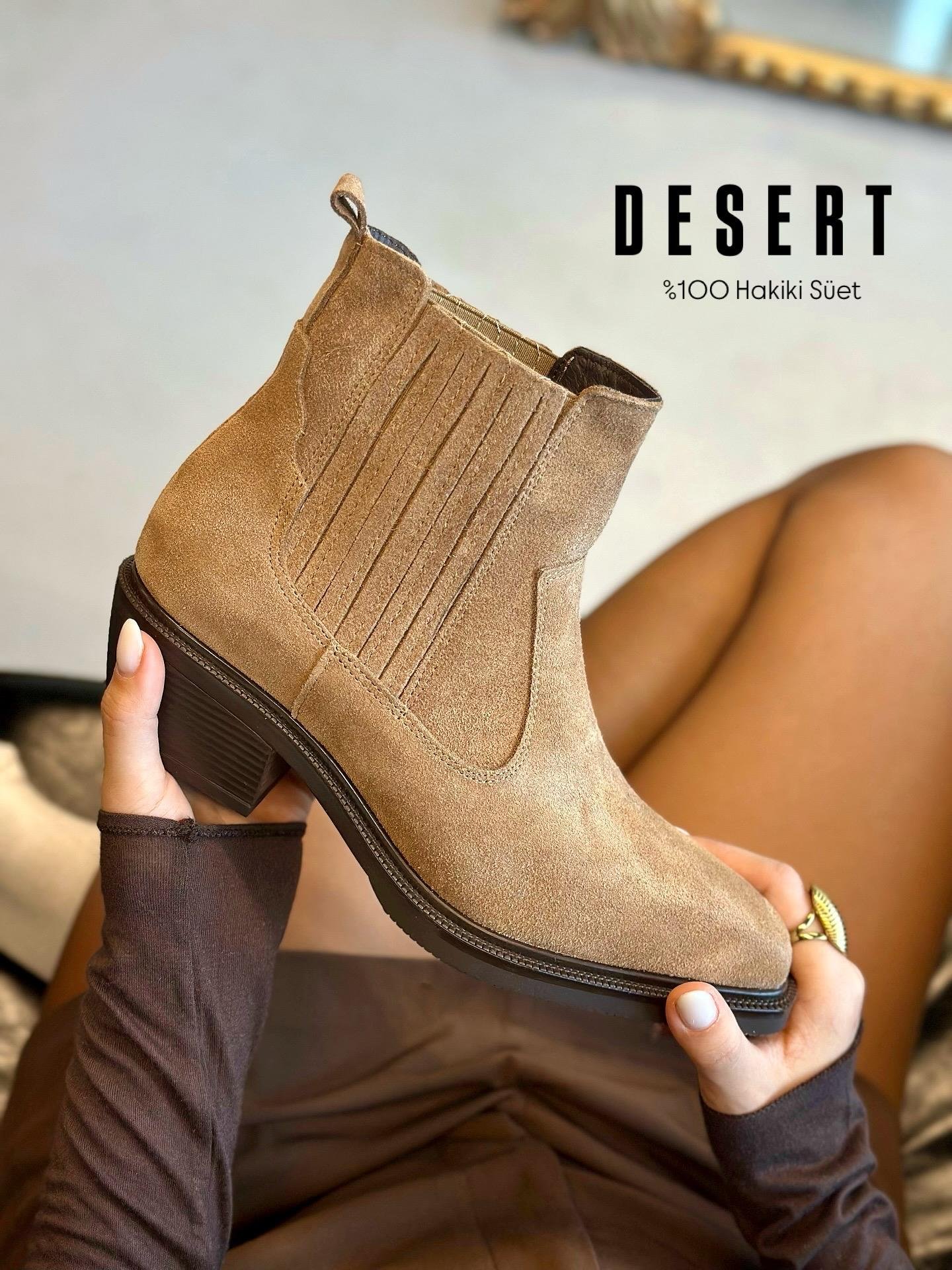 ZUUMTopuklu BotDesert % 100 Hakiki Deri & Süet Topuklu Kadın Bot - Camel Süet