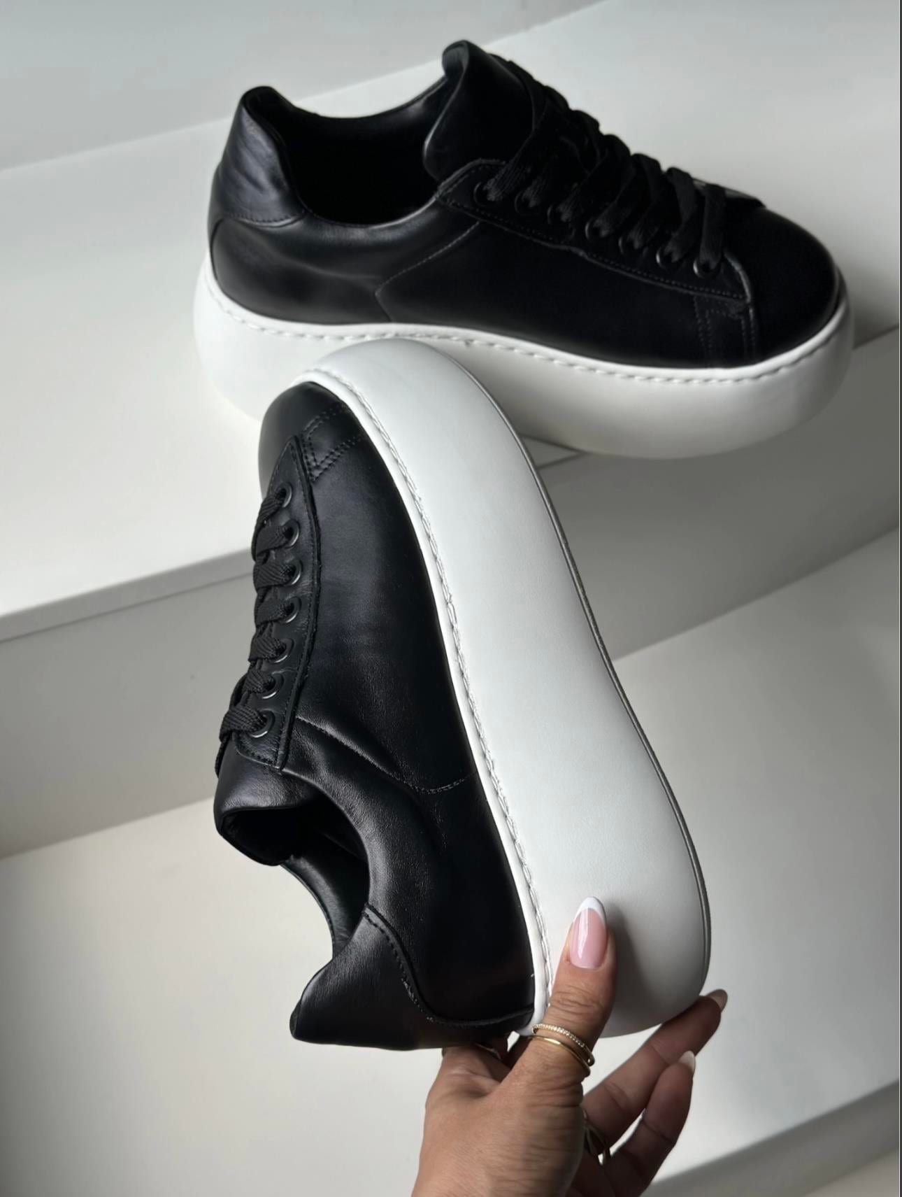 ZUUMSNEAKERDopa % 100 Hakiki Deri Kalın Tabanlı Kadın Sneaker - Siyah Deri