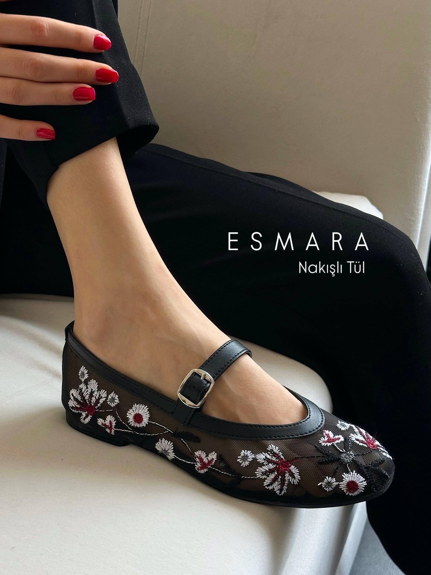 ZUUMBABET & ESPADRİLEsmara İşlemeli Tül Günlük Kadın Babet - Siyah