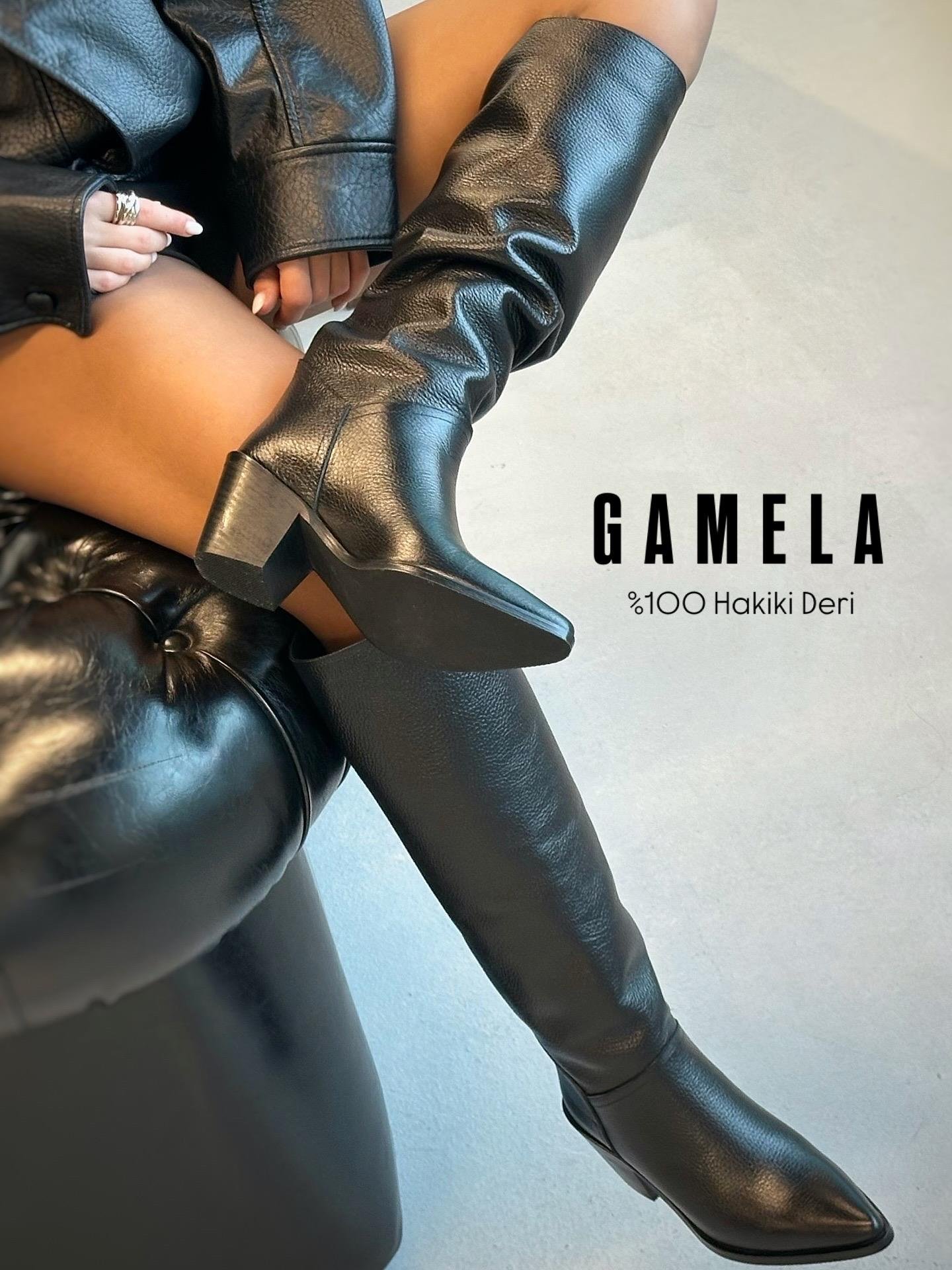 ZUUMBOT & ÇİZMEGamela % 100 Hakiki Deri & Süet Topuklu Kadın Çizme  - Siyah Deri