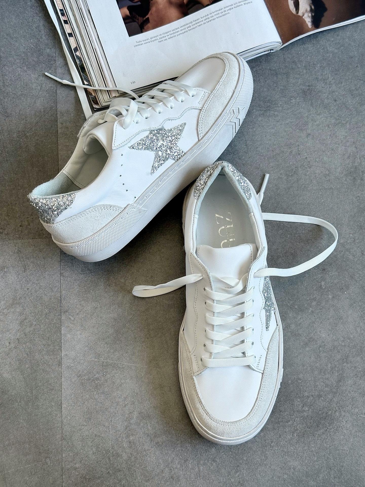 ZUUMSNEAKERGoose % 100 Hakiki Deri Kadın Sneaker - Beyaz Deri & Gümüş