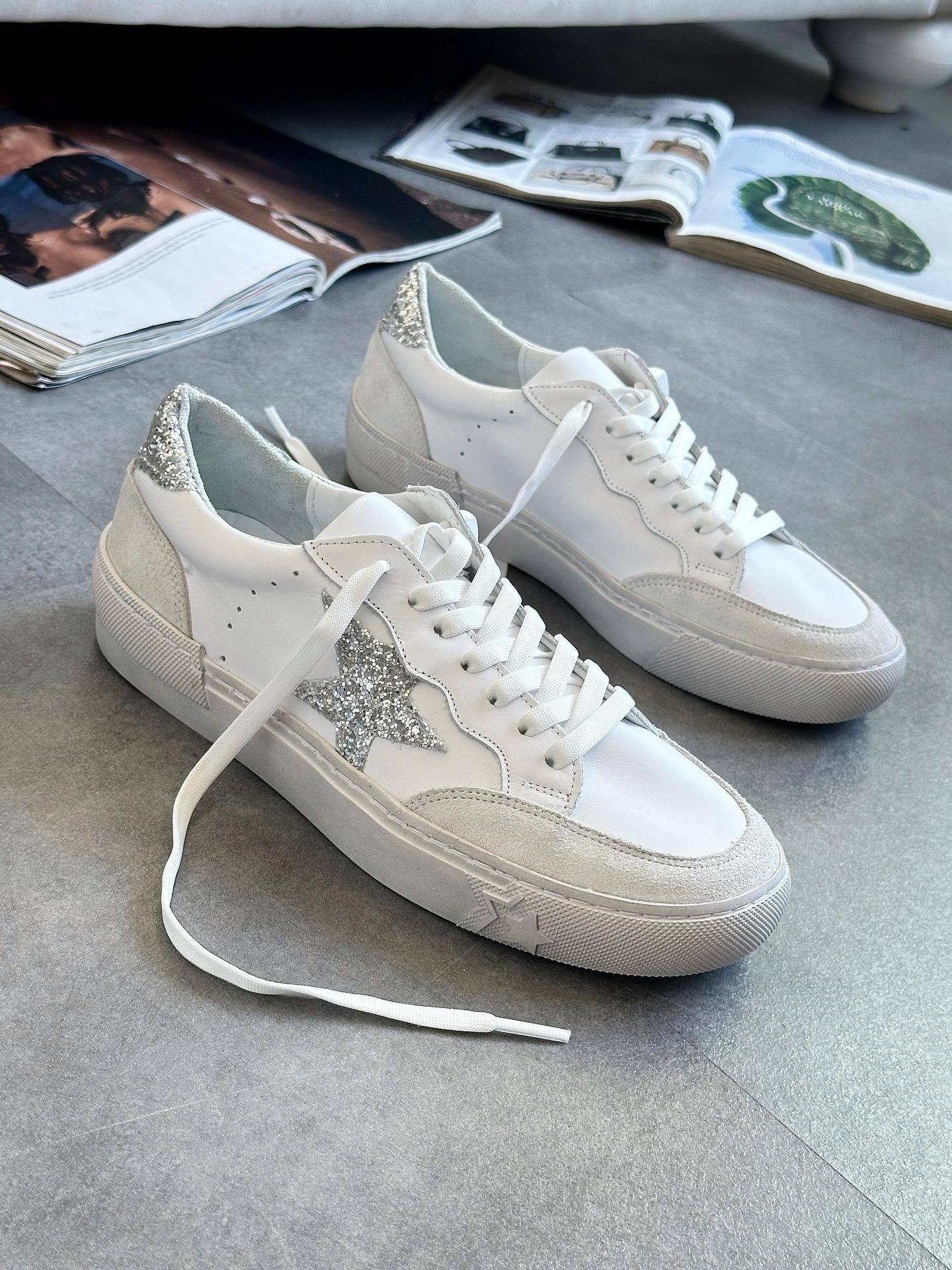 ZUUMSNEAKERGoose % 100 Hakiki Deri Kadın Sneaker - Beyaz Deri & Gümüş
