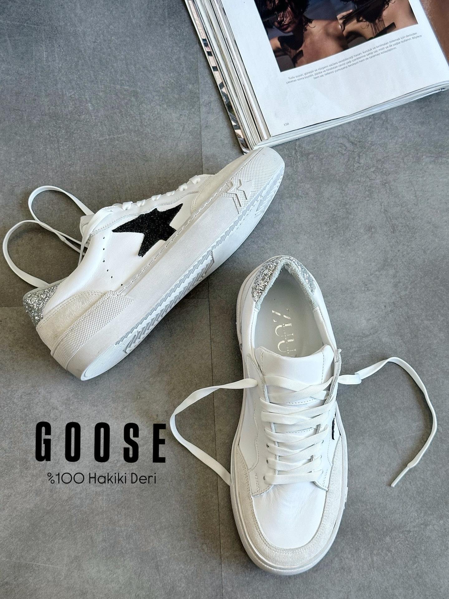 ZUUMSNEAKERGoose % 100 Hakiki Deri Kadın Sneaker - Beyaz Deri & Siyah