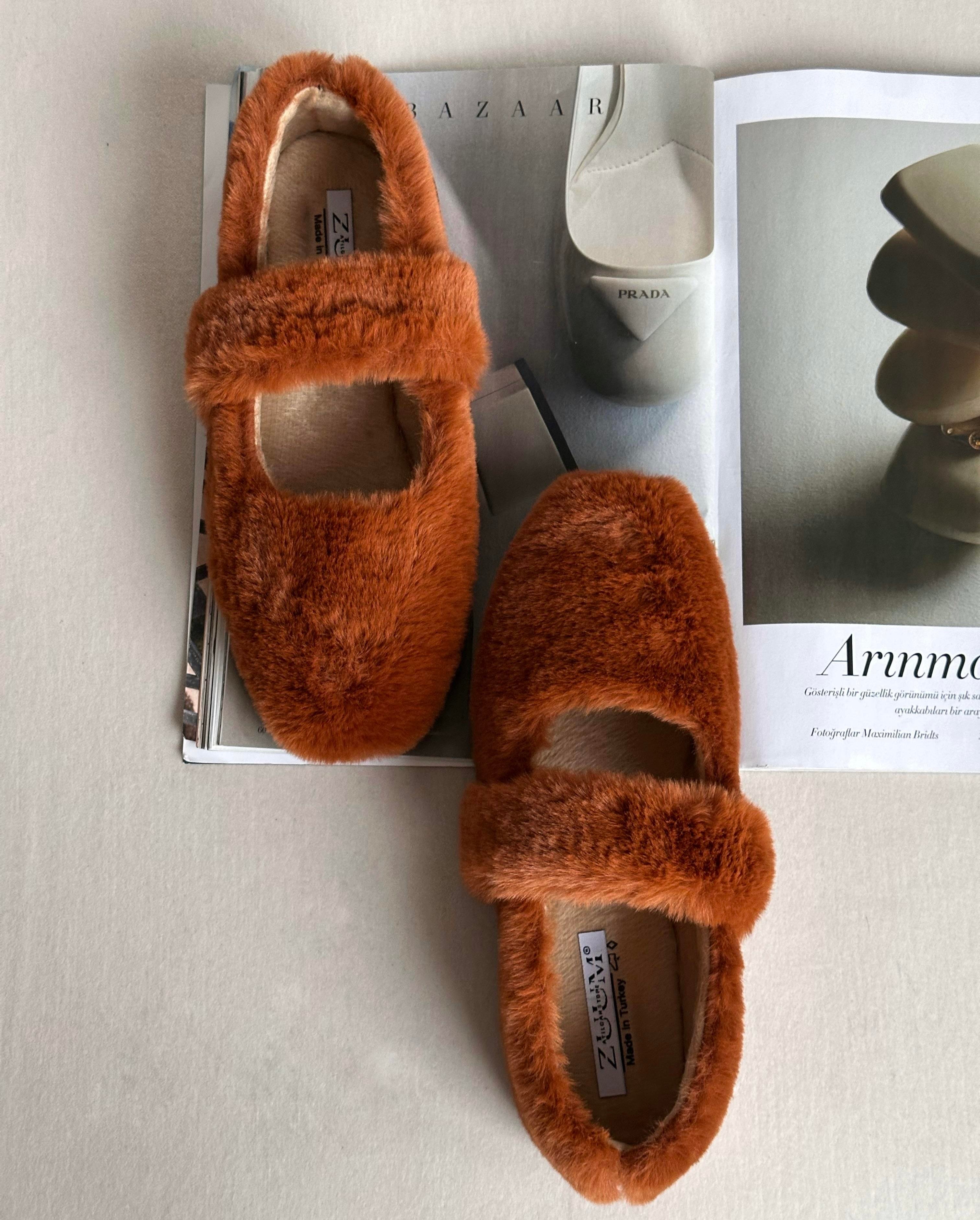 ZUUMBabet & EspadrilHomelife Kadın Peluş Ev Ayakkabısı - Kızıl Taba