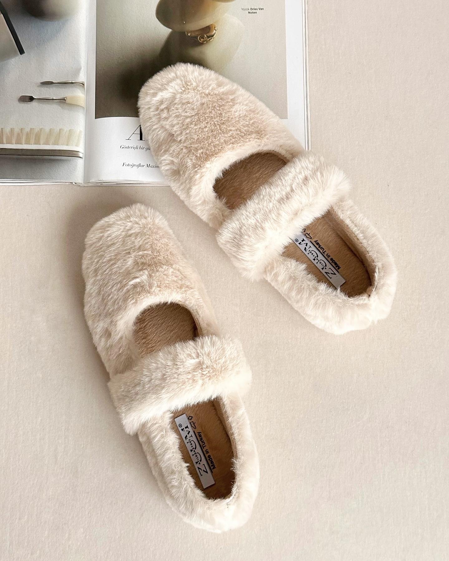 ZUUMBabet & EspadrilHomelife Kadın Peluş Ev Ayakkabısı - Ekru