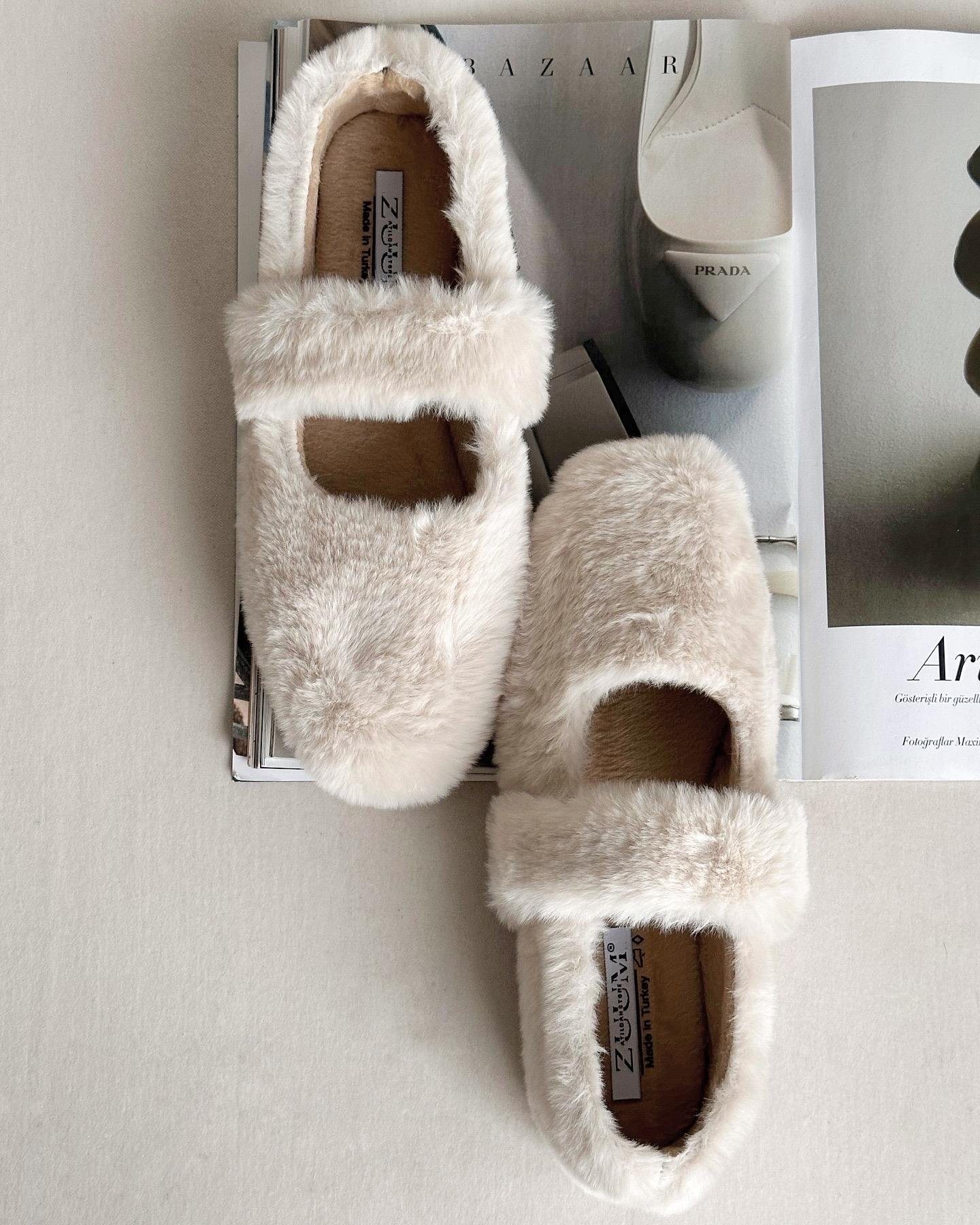 ZUUMBabet & EspadrilHomelife Kadın Peluş Ev Ayakkabısı - Ekru