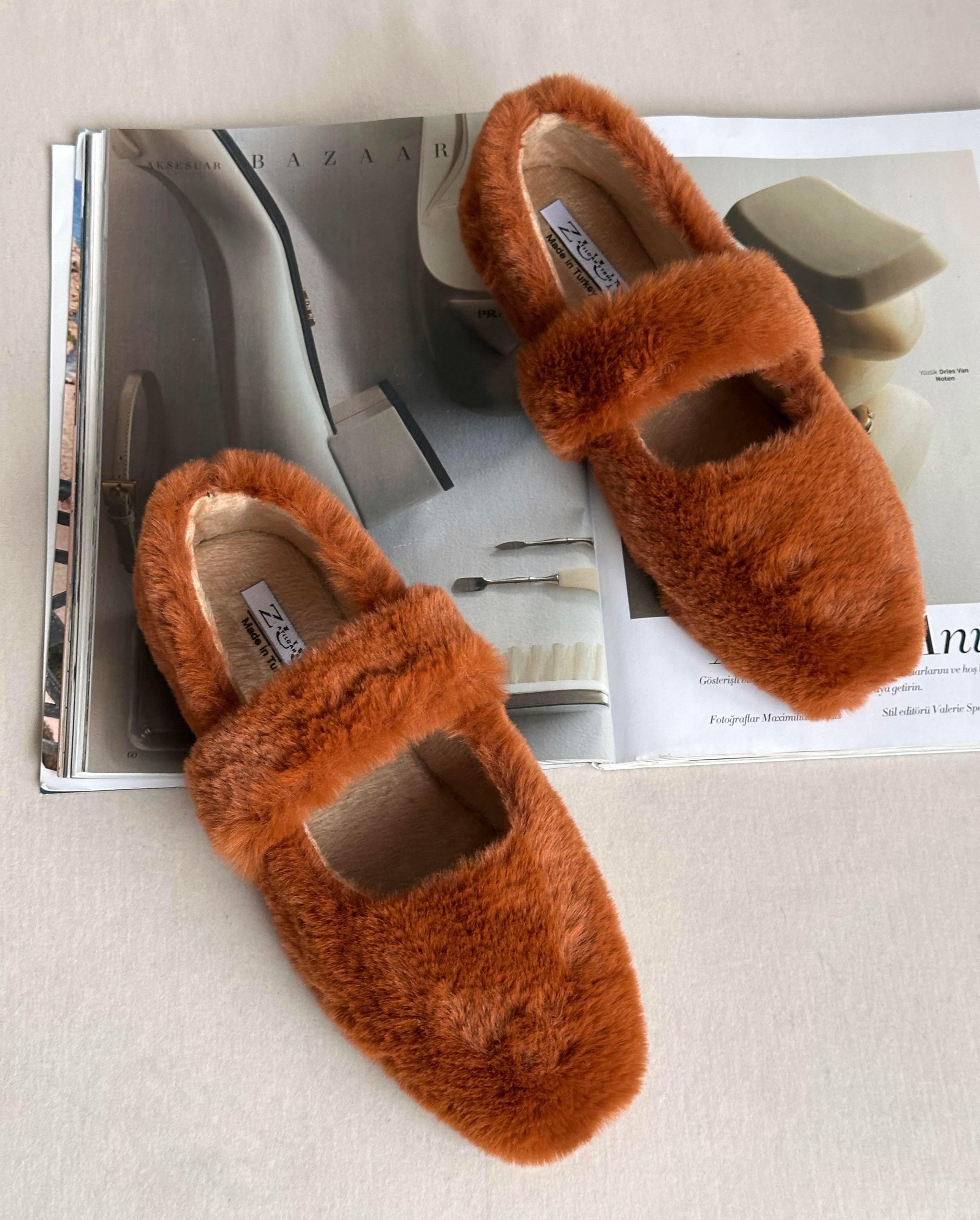 ZUUMBabet & EspadrilHomelife Kadın Peluş Ev Ayakkabısı - Kızıl Taba