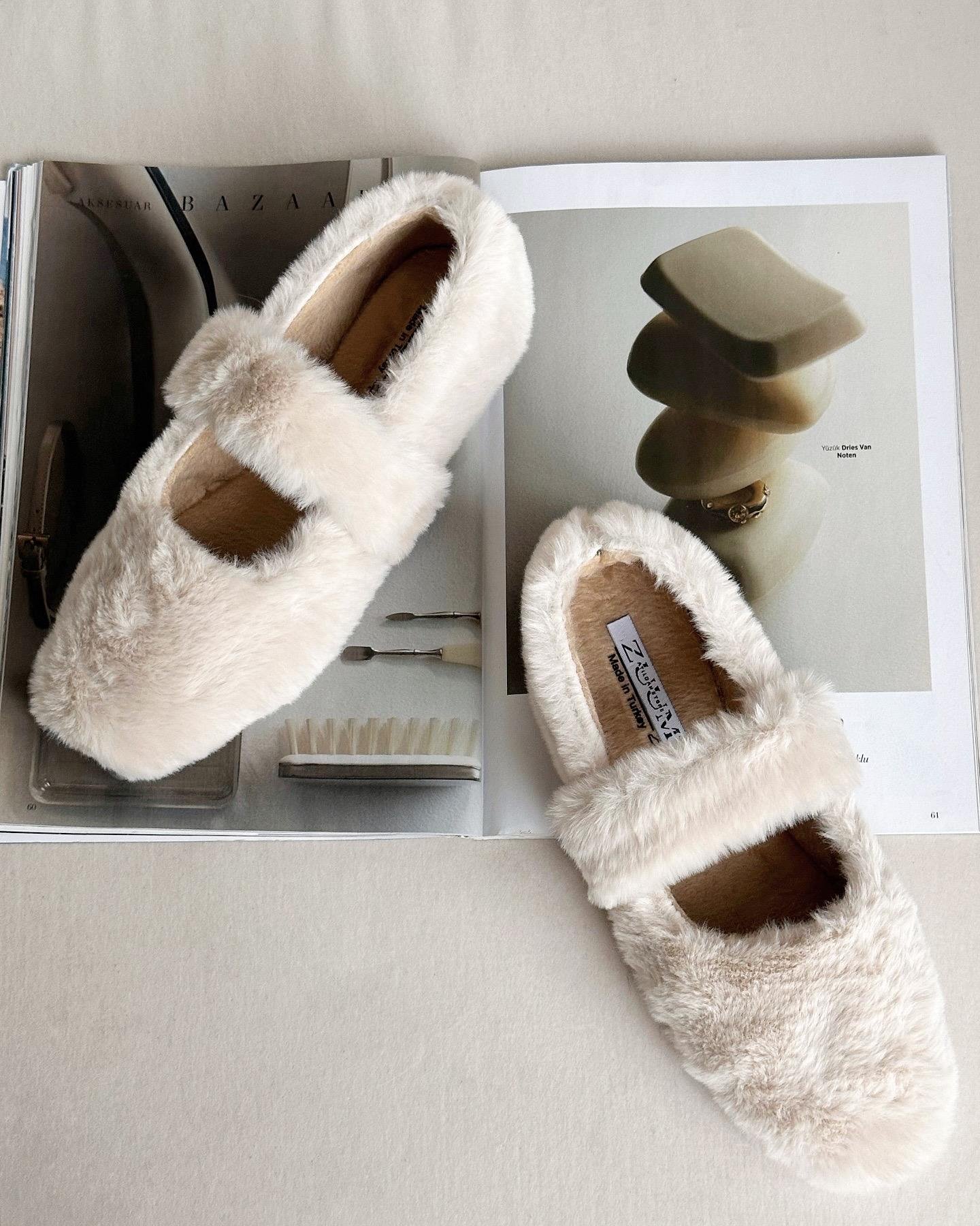 ZUUMBabet & EspadrilHomelife Kadın Peluş Ev Ayakkabısı - Ekru