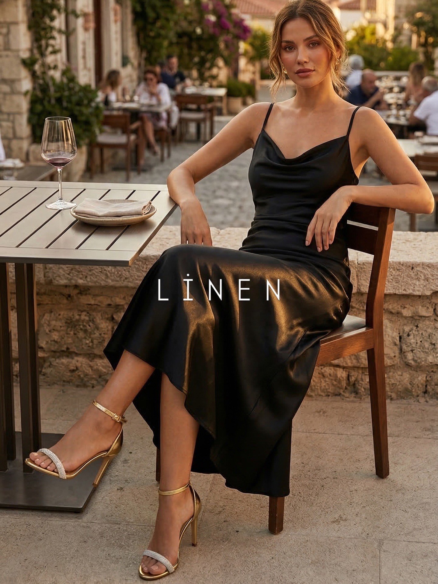 ZUUMİNCE & KALIN TOPUKLULinen Tek Bant Taşlı Topuklu Ayakkabı - Altın