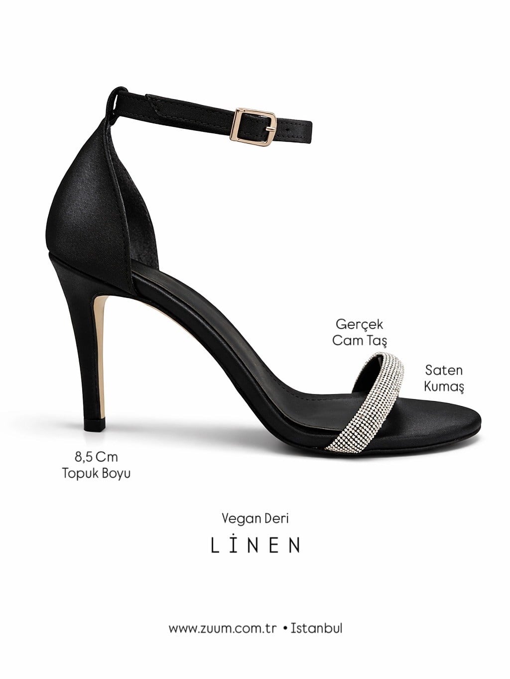 ZUUMİNCE & KALIN TOPUKLULinen Tek Bant Taşlı Topuklu Ayakkabı - Siyah Saten