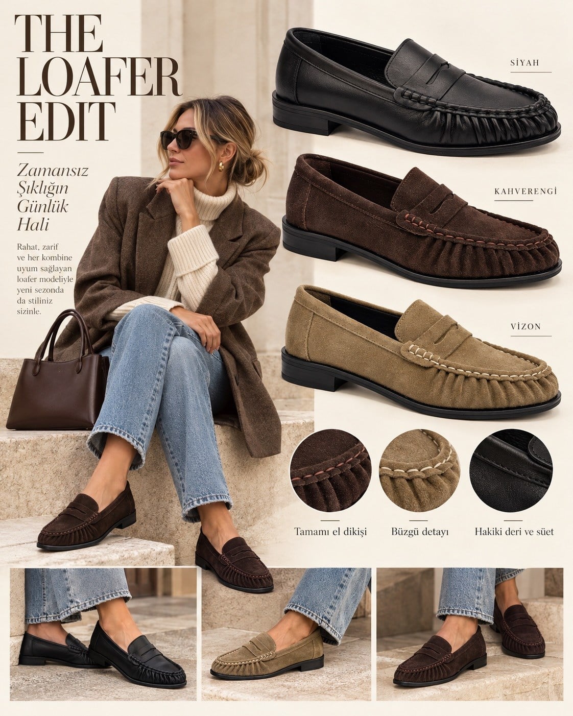 ZUUMBABET & LOAFERLova % 100 Hakiki Deri/Süet El Dikişli Kadın Loafer - Kahve Süet
