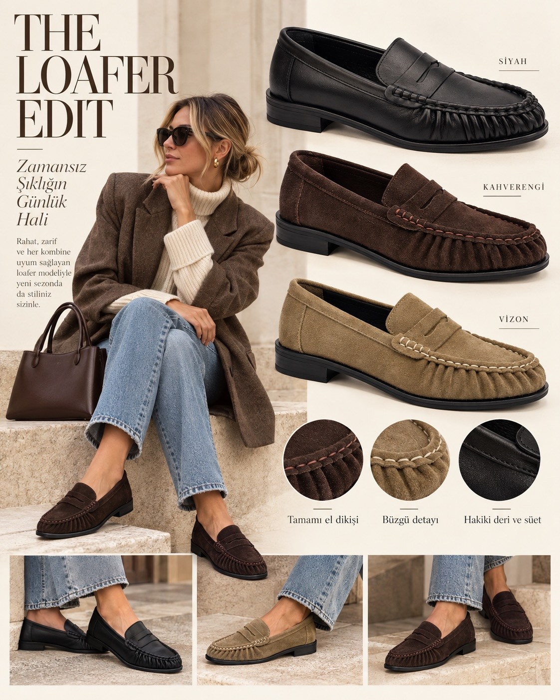 ZUUMBABET & LOAFERLova % 100 Hakiki Deri/Süet El Dikişli Kadın Loafer - Siyah Deri