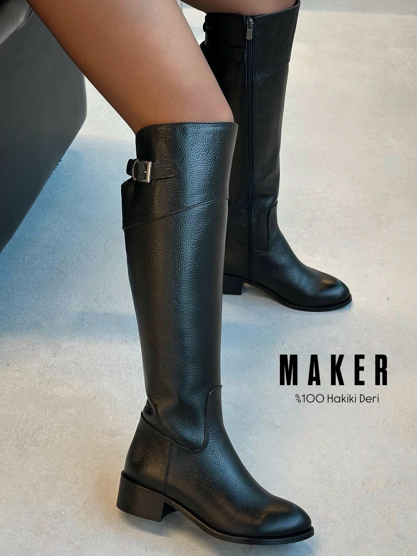 ZUUMBOT & ÇİZMEMaker % 100 Hakiki Deri Tokalı Fermuarlı Kadın Çizme - Siyah Deri
