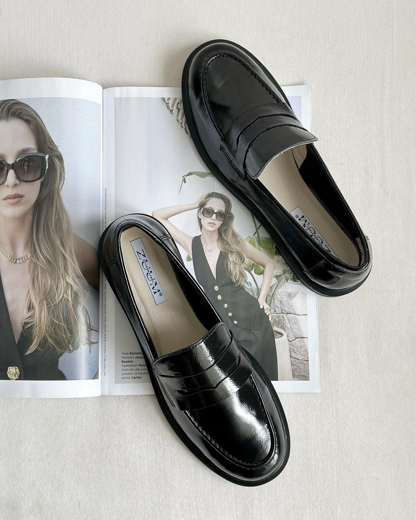 ZUUMMAKOSEN & OXFORDMaris % 100 Hakiki Deri Günlük Kadın Loafer - Siyah Rugan