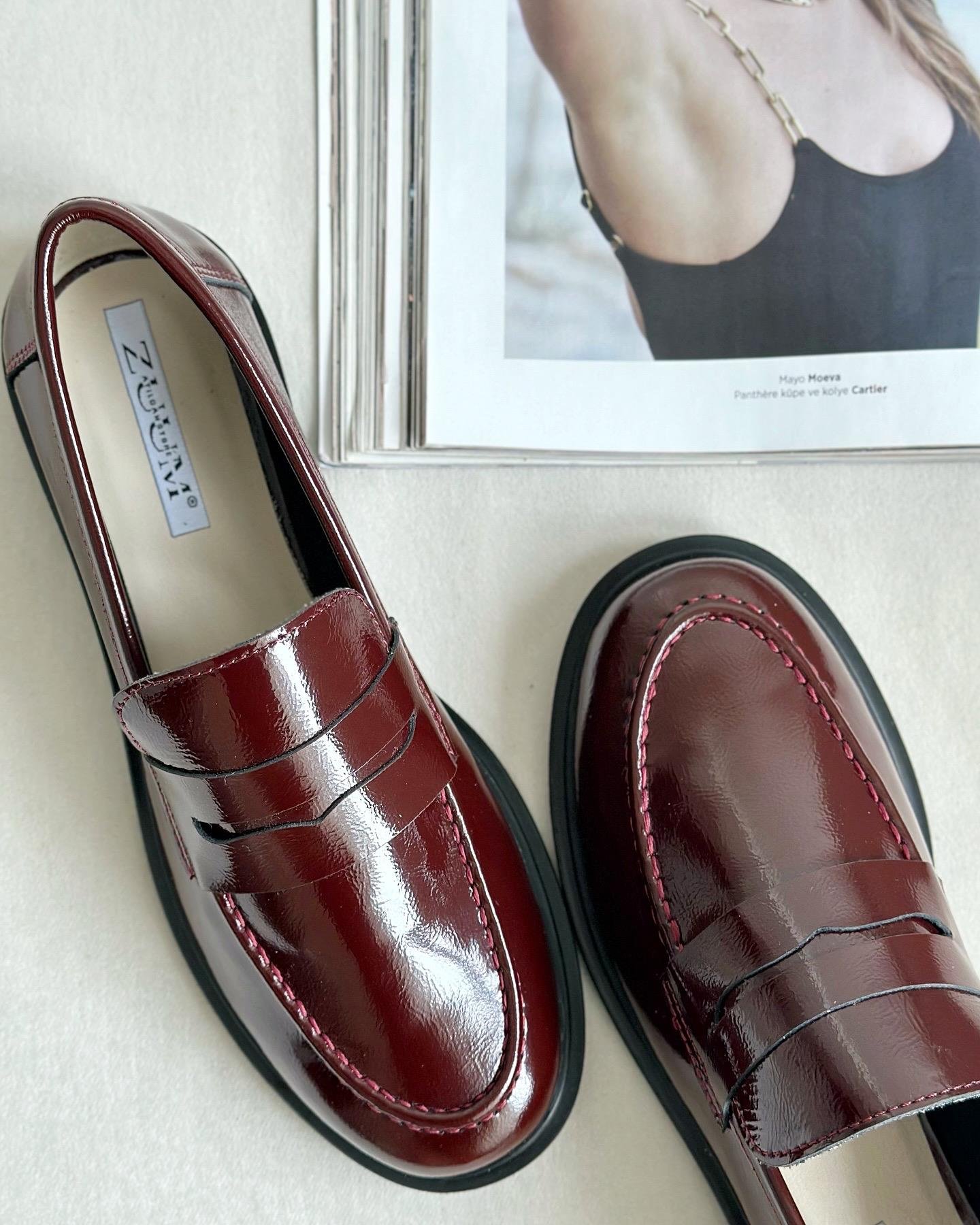 ZUUMMAKOSEN & OXFORDMaris % 100 Hakiki Deri Günlük Kadın Loafer - Bordo Rugan