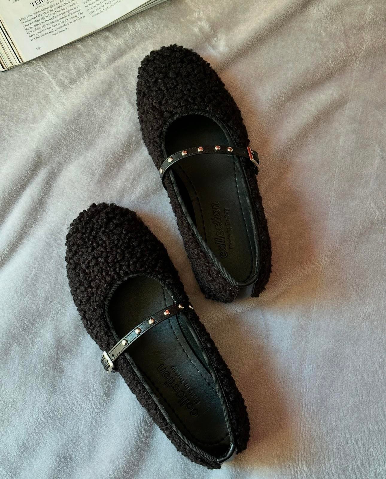 ZUUMBabet & EspadrilMarry Kıvırcık Tüylü Kadın Babet - Siyah Kıvırcık