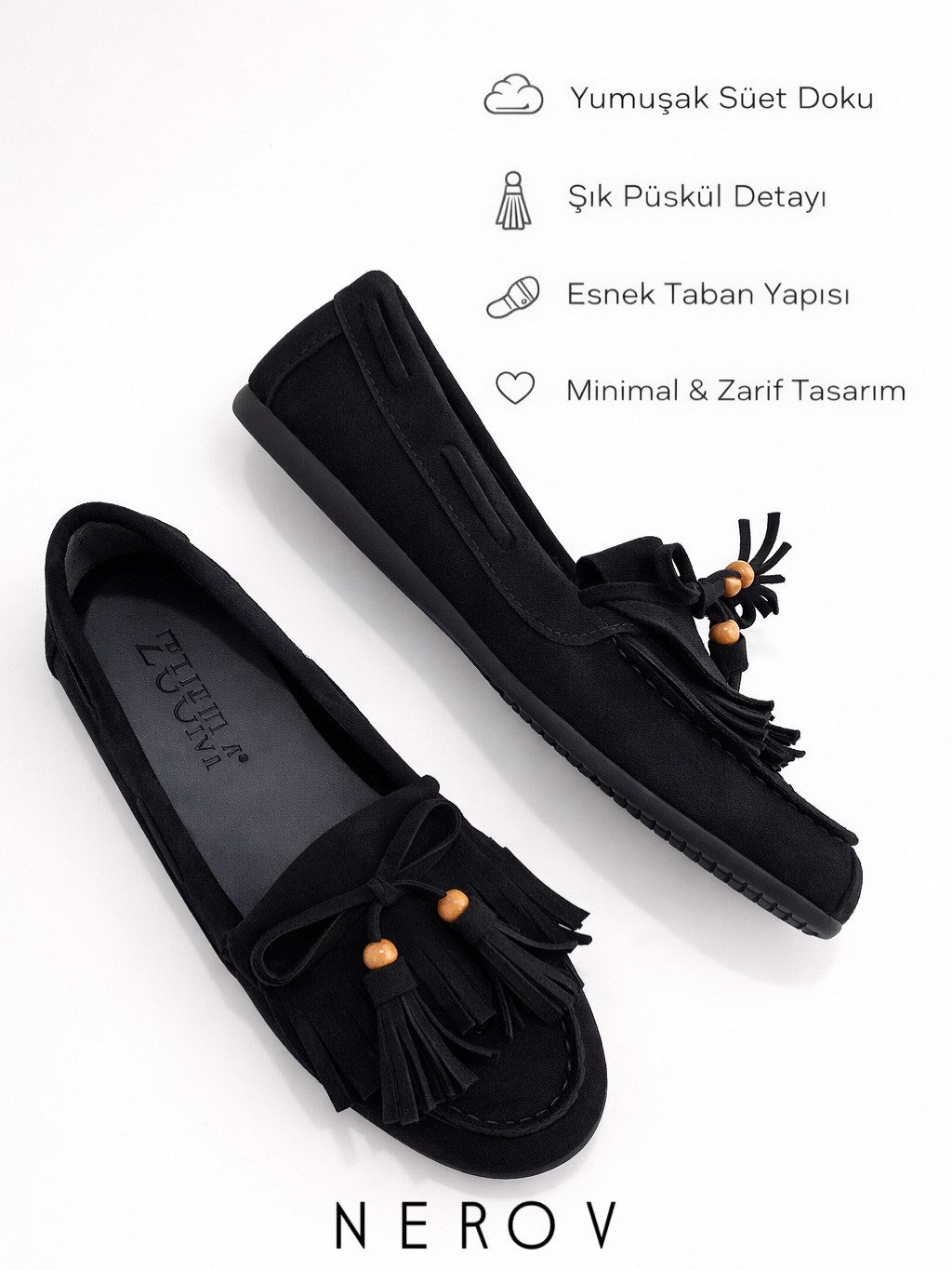 ZUUMBABET & LOAFERNerov Püskül Detaylı Kadın Ayakkabı - Siyah Süet