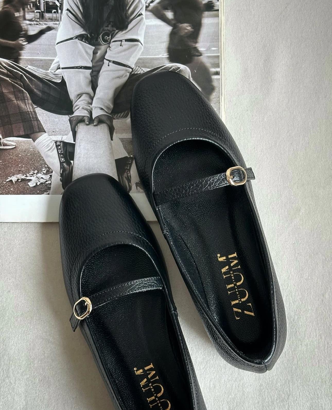 ZUUMBABET & ESPADRİLOlte % 100 Hakiki Deri Mary Jane Kadın Balerin Babet - Siyah Deri