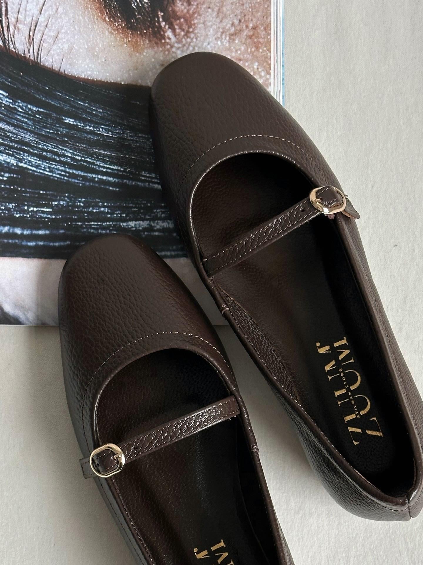 ZUUMBABET & ESPADRİLOlte % 100 Hakiki Deri Mary Jane Kadın Balerin Babet - Kahve Deri