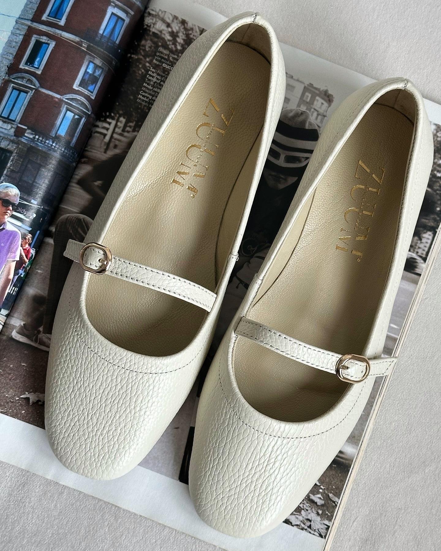 ZUUMBABET & ESPADRİLOlte % 100 Hakiki Deri Mary Jane Kadın Balerin Babet - Bej Deri