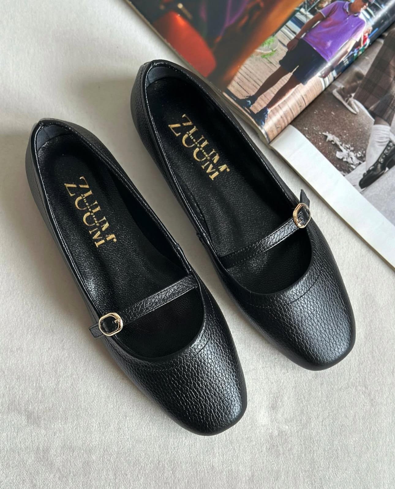 ZUUMBABET & ESPADRİLOlte % 100 Hakiki Deri Mary Jane Kadın Balerin Babet - Siyah Deri