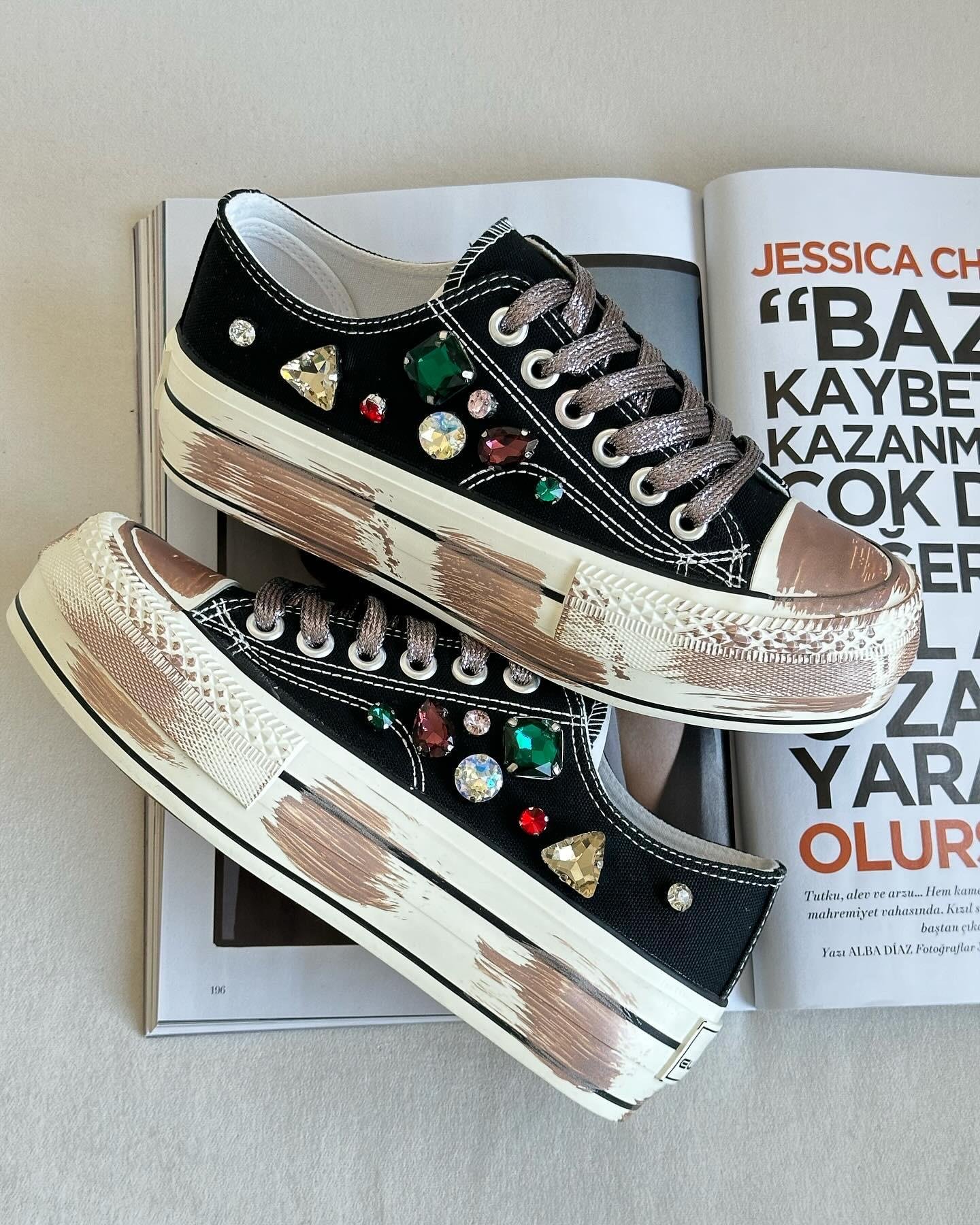 ZUUMSNEAKERRufel Taş Aksesuarlı  Kalın Taban Kadın Sneaker - Siyah