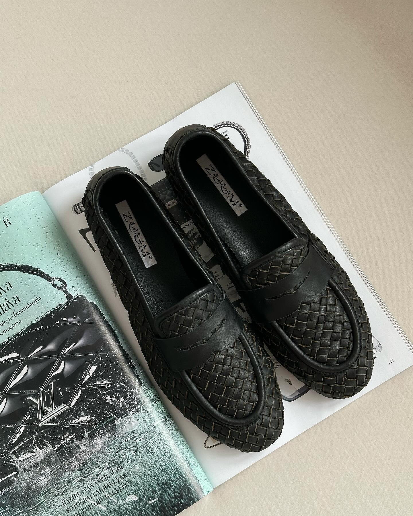 ZUUMMakosen & OxfordSista % 100 Hakiki Deri Örgü Kadın Loafer - Siyah Deri